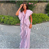 Elegant Ruffles Layer Long Dress Women Sexy V-neck Sleeveless High Waist Dresses Fashion Female Evening Party Club Vestidos